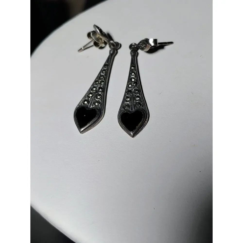 925 Silver Marcasite Black Heart Earrings